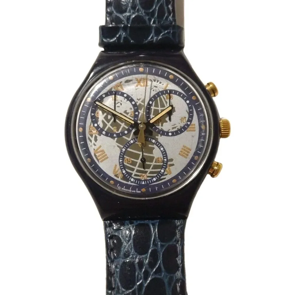 Vintage 1991 Swatch Chronograph Chrono Watch SCN104 Timeless Zone World Map